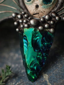 Pendant- The Guardian of cosmic gardens. Necklace with clay mask, natural labrodorite, obsidian arrow head. Shaman ( shamanic ) jewelry