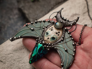Pendant- The Guardian of cosmic gardens. Necklace with clay mask, natural labrodorite, obsidian arrow head. Shaman ( shamanic ) jewelry