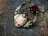 Pendant- Dream reader. Necklace with clay mask, natural moonstone. Shaman ( shamanic ) jewelry, ethno look, ethno style, witchcraft artefact