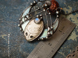 Pendant- Dream reader. Necklace with clay mask, natural moonstone. Shaman ( shamanic ) jewelry, ethno look, ethno style, witchcraft artefact