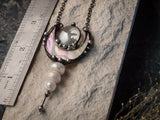 Pendant with 3 pearl, miniature mother of pearl crescent from light green to pink iridescence stain glass.