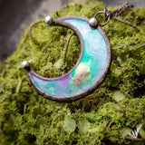 Clear small Moon pendant with irisation, crescent watercolor Lunula, Double Horn Pendant, half moon, Boho Necklace - Luna,
