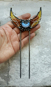 Stain Glass yellow Hair Fork, Bun Brass Holder, Hair Pin