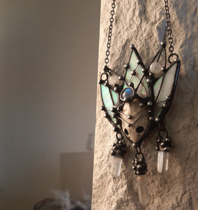 Pendant- cosmo-elf. Necklace with clay mask, natural moonstone, quartz cerystal. Steampunk pendant, witchcraft