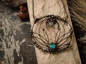 Pendant Blue Grass. Boho necklace with natural stone- quartz and moonstone. Witchcraft necklaces.