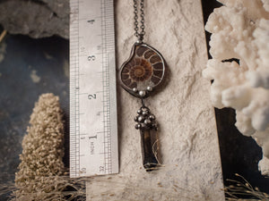 Natural Ammonite with smooky quartz, Spiral shell, Jurassic Jewellery, paleontology, ammonite fossil pendant, polished ammonite Necklace