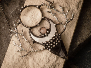 Pendant &quot; The night is dark and full of horrors.&quot; With Natural Stone - Obsidian, Rose Quartz and Moon Mirror. Game of Thrones Jewelry