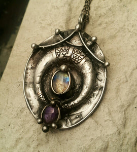 Brass pendant with crescent moon and natural stone- fluorite and moonstone, ethnic pendant, diy boho jewelry