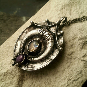 Brass pendant with crescent moon and natural stone- fluorite and moonstone, ethnic pendant, diy boho jewelry