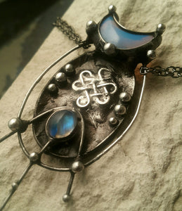 Brass pendant- cosmic octopus with crescent moon from opalite and eye is natural moonstone. Brass Fantasy Pendant