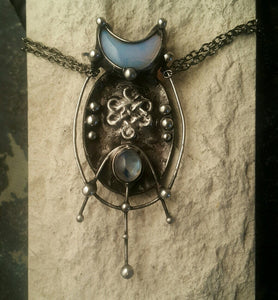 Brass pendant- cosmic octopus with crescent moon from opalite and eye is natural moonstone. Brass Fantasy Pendant