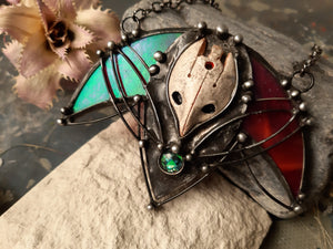 Pendant- red Cosmo- Elf. Stained glass Necklace with clay mask, Steampunk pendant, witchcraft, Magic pendant,fantasy jewelry, mystic