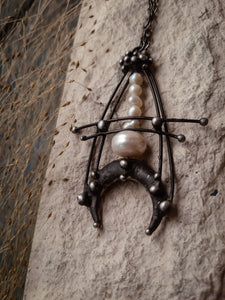 Pendant &quot; A magical lunar anchor &quot;. Handmade necklace with natural pearl and crescent moon. Bohemian jewelry by OfelWay