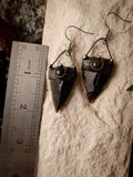 Black Earrings from hypoallergenic medical steel and Natural Stone- Obsidian and Falcon Eye, Arrowhead form, Witchcraft Jewelry