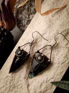 Black Earrings from hypoallergenic medical steel and Natural Stone- Obsidian and Falcon Eye, Arrowhead form, Witchcraft Jewelry