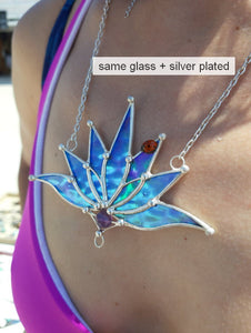 Big Lotus 7 wings, Boho Lotus, Flower Pendant, Mantra Necklace, Blue Lotus Necklace, Stain glass Iridescent necklace.