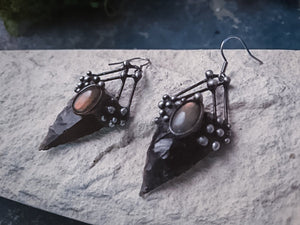 Earrings from Natural Stone- Obsidian and labrodorite, Witchcraft Jewelry, Shamanic Jewelry, dark style, black arrowhead
