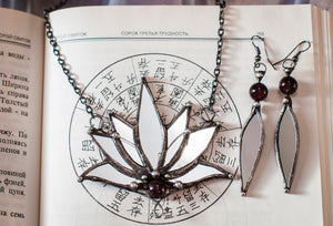 Big pendant- mirror Lotus with Garnet Stone, Boho Lotus, Flower Pendant, Mantra Necklace, Glass Lotus Necklace, Mirror necklace