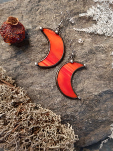 Crescent Moon red Earrings with Hypoallergenic Stainless Steel Earring Hooks! Stain Glass Witchy Earrings, Festival Boho Earrings.