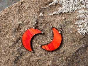 Crescent Moon red Earrings with Hypoallergenic Stainless Steel Earring Hooks! Stain Glass Witchy Earrings, Festival Boho Earrings.