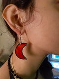 Crescent Moon red Earrings with Hypoallergenic Stainless Steel Earring Hooks! Stain Glass Witchy Earrings, Festival Boho Earrings.