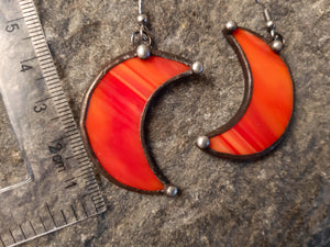Crescent Moon red Earrings with Hypoallergenic Stainless Steel Earring Hooks! Stain Glass Witchy Earrings, Festival Boho Earrings.