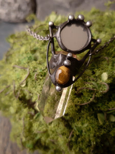 Citrine witch « potion » with mirror and natural gem - tiger eye. Citrine protection amulet necklace.