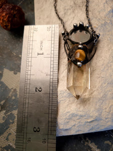 Citrine witch « potion » with mirror and natural gem - tiger eye. Citrine protection amulet necklace.