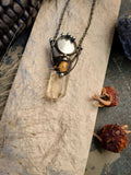 Citrine witch « potion » with mirror and natural gem - tiger eye. Citrine protection amulet necklace.