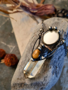 Citrine witch « potion » with mirror and natural gem - tiger eye. Citrine protection amulet necklace.