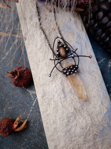 Citrine crystal with natural stone - tiger eye. Citrine protection amulet necklace.