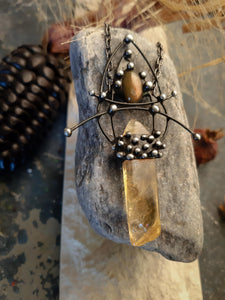 Citrine crystal with natural stone - tiger eye. Citrine protection amulet necklace.