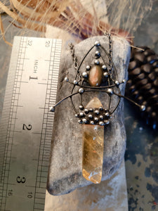 Citrine crystal with natural stone - tiger eye. Citrine protection amulet necklace.