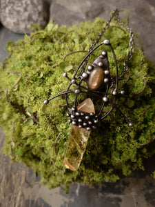 Citrine crystal with natural stone - tiger eye. Citrine protection amulet necklace.