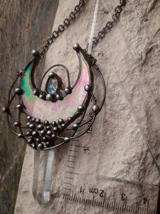 Quartz and Stain Glass Moon pendant with irisation, bright necklace Lunula, Double Horn Pendant, half moon, Boho Necklace - Luna.