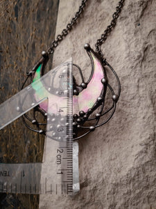 Quartz and Stain Glass Moon pendant with irisation, bright necklace Lunula, Double Horn Pendant, half moon, Boho Necklace - Luna.