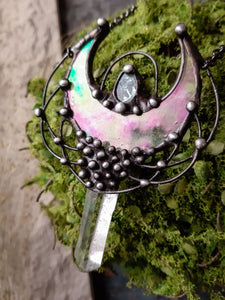 Quartz and Stain Glass Moon pendant with irisation, bright necklace Lunula, Double Horn Pendant, half moon, Boho Necklace - Luna.