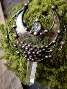 Quartz and Stain Glass Moon pendant with irisation, bright necklace Lunula, Double Horn Pendant, half moon, Boho Necklace - Luna.