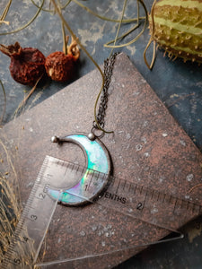 Clear small Moon pendant with irisation, crescent watercolor Lunula, Double Horn Pendant, half moon, Boho Necklace - Luna,