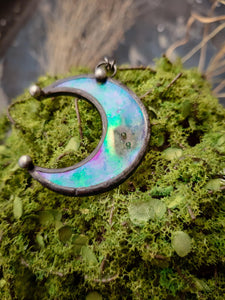 Clear small Moon pendant with irisation, crescent watercolor Lunula, Double Horn Pendant, half moon, Boho Necklace - Luna,