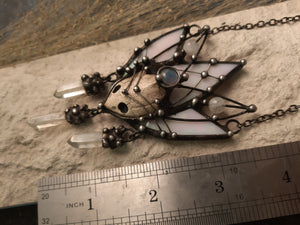 Pendant- cosmo-elf. Necklace with clay mask, natural moonstone, quartz cerystal. Steampunk pendant, witchcraft