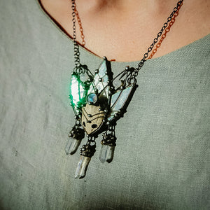 Pendant- cosmo-elf. Necklace with clay mask, natural moonstone, quartz cerystal. Steampunk pendant, witchcraft