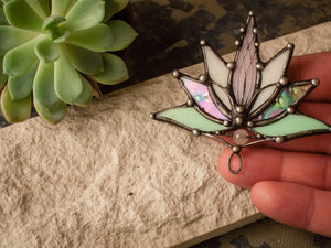 Big Lotus 7 wings, Boho Lotus, Flower Brooch, Mantra Pin, Glass Lotus brooches, Iridescent Stain glass, Handcraft, Handmade brooch