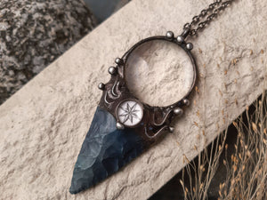Pendant with natural stone - indian agat, magnifying glass and hand-drawn compass under another magnifying glass. For Men and Women