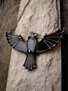 Dark Raven Necklace, Black stained glass Pendant, Fairytale Gifts, Bird Necklace, Crow Charm