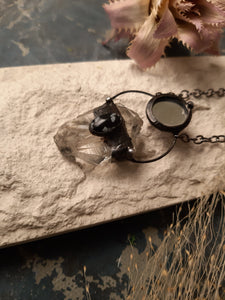 Necklace with Snow Obsidian, Raw Crystal and Mirror.