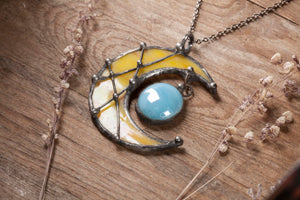 Large Pendant- Crescent Yellow Moon with blue drop, Lunula Necklace, Yellow Stained glass necklace,