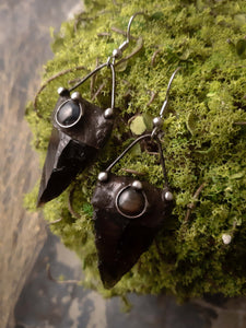 Black Earrings from hypoallergenic medical steel and Natural Stone- Obsidian and Falcon Eye, Arrowhead form, Witchcraft Jewelry
