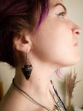 Black Earrings from hypoallergenic medical steel and Natural Stone- Obsidian and Falcon Eye, Arrowhead form, Witchcraft Jewelry