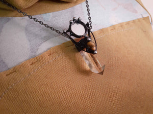 Citrine witch « potion » with mirror and natural gem - tiger eye. Citrine protection amulet necklace.